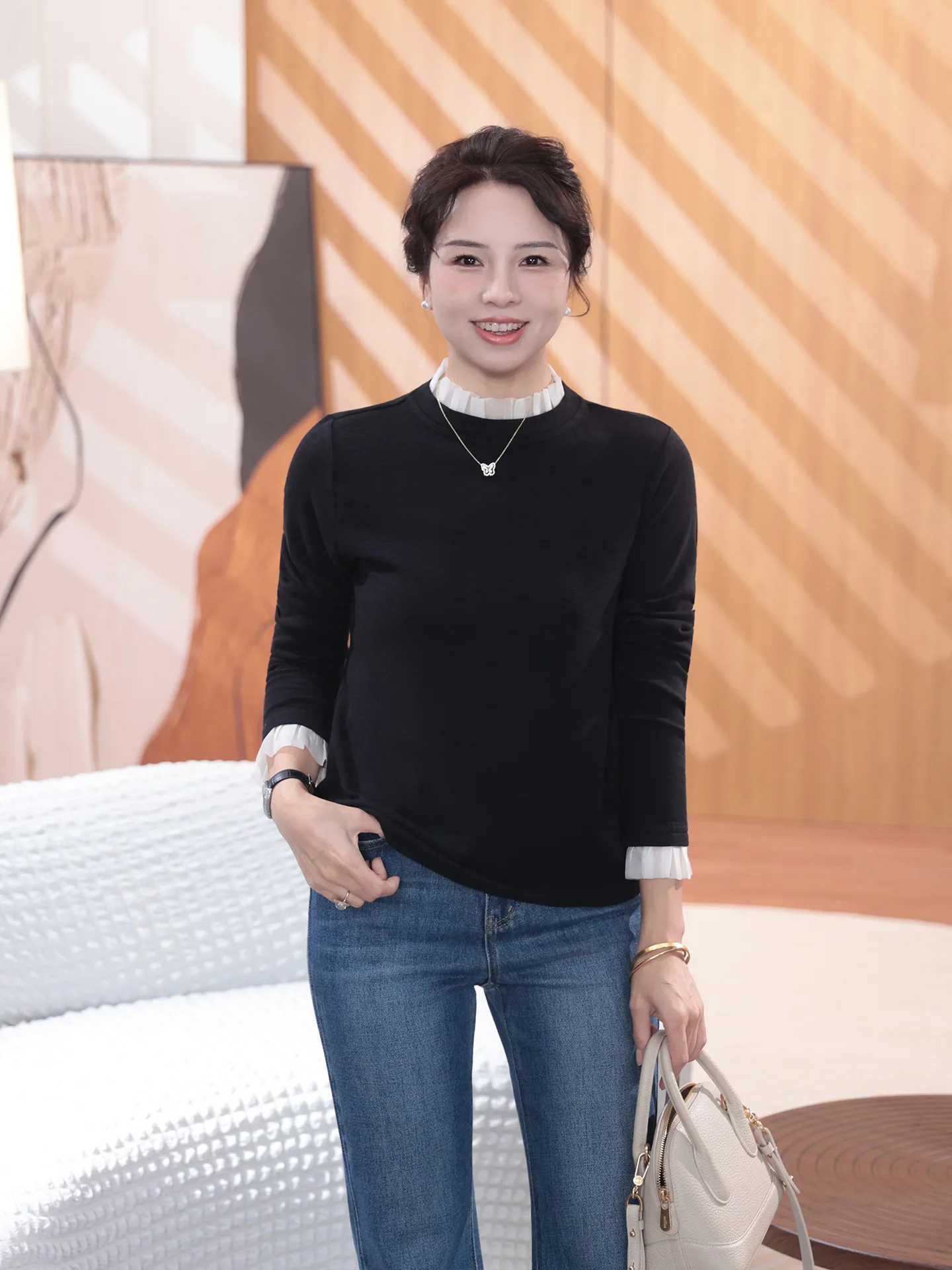 

Повседневная женская футболка с длинным рукавом и воротником-стойкой, с принтом «Тысяча цветов», из смесового хлопка, удобная и дышащая