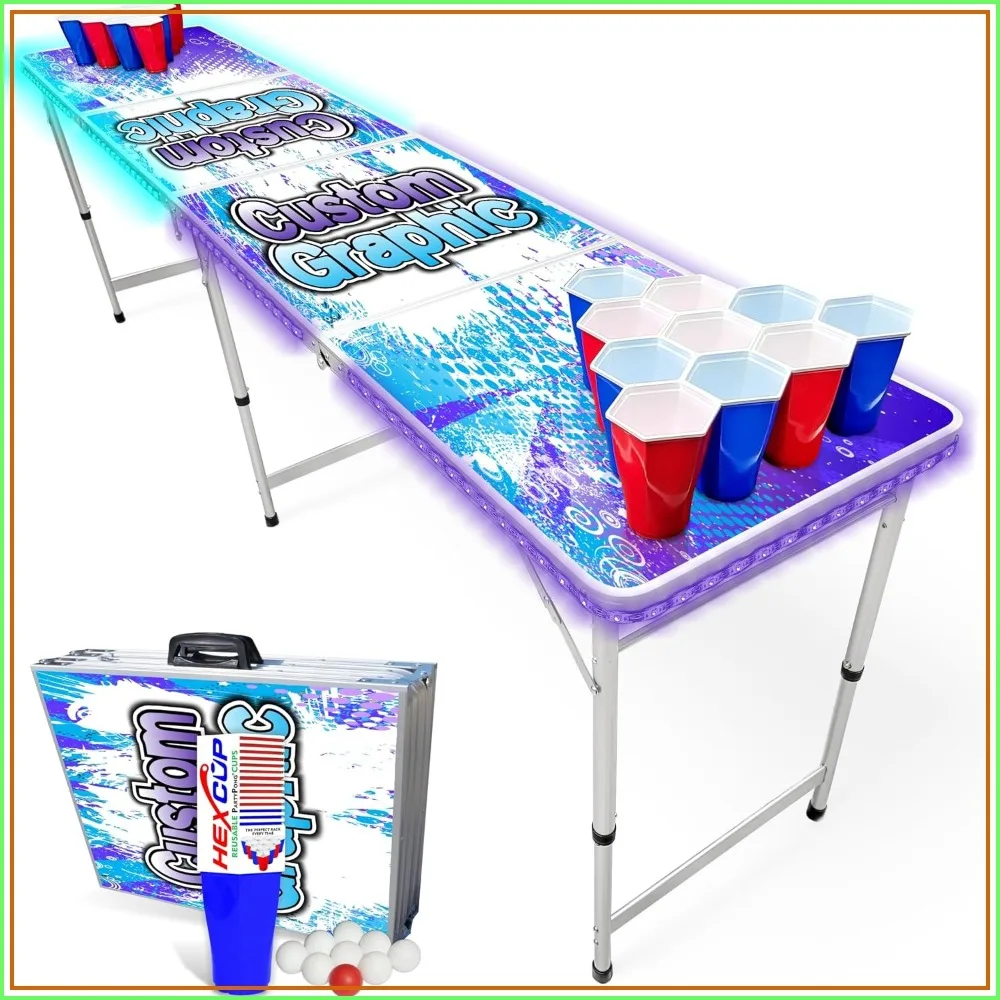 8-Foot Regulation Folding Table with Optional Cup Holes, LED Lights, Custom Graphic