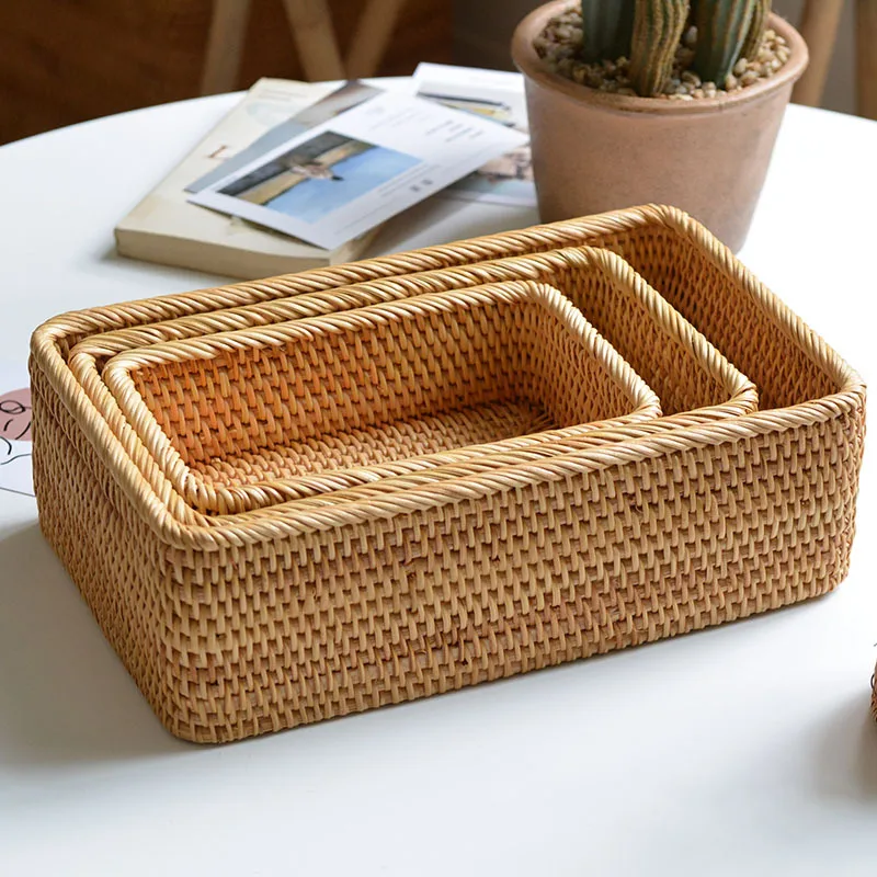 Handwoven Basket Organizer Wicker Basket Rectangular Rattan Basket Storage Tray Bread Fruit Picnic Basket Cosmetic Storage Box