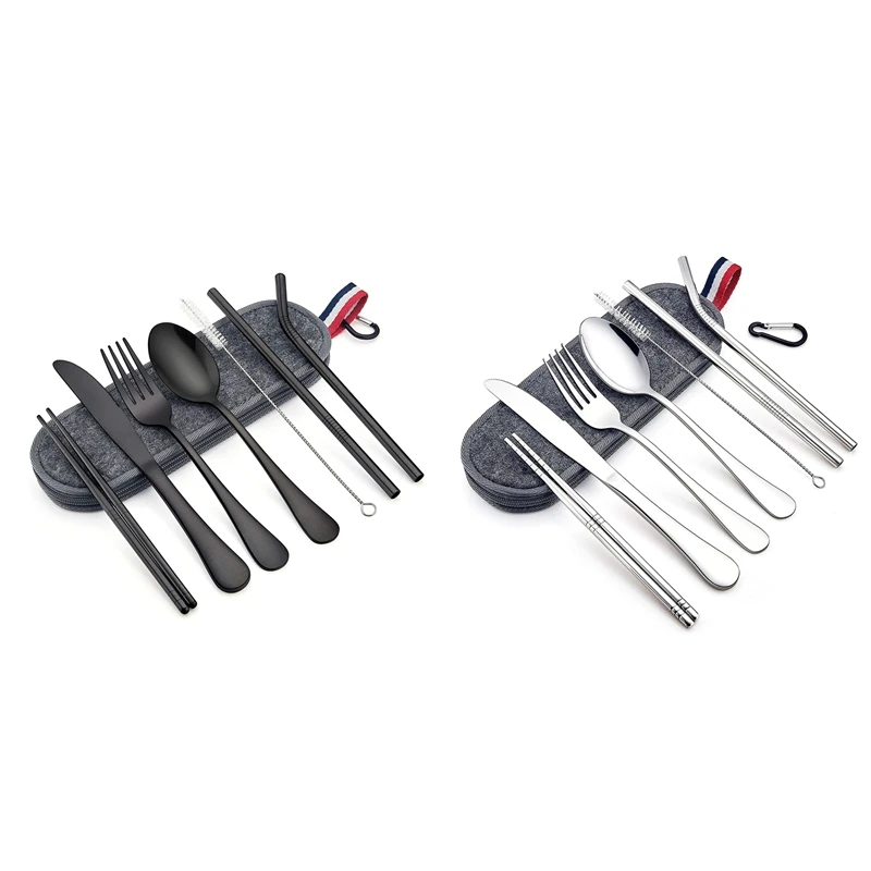 8-Piece Portable Travel Utensils Set With Gray Case, Stainless Steel Reusable Silverware Flatware Cutlery Set