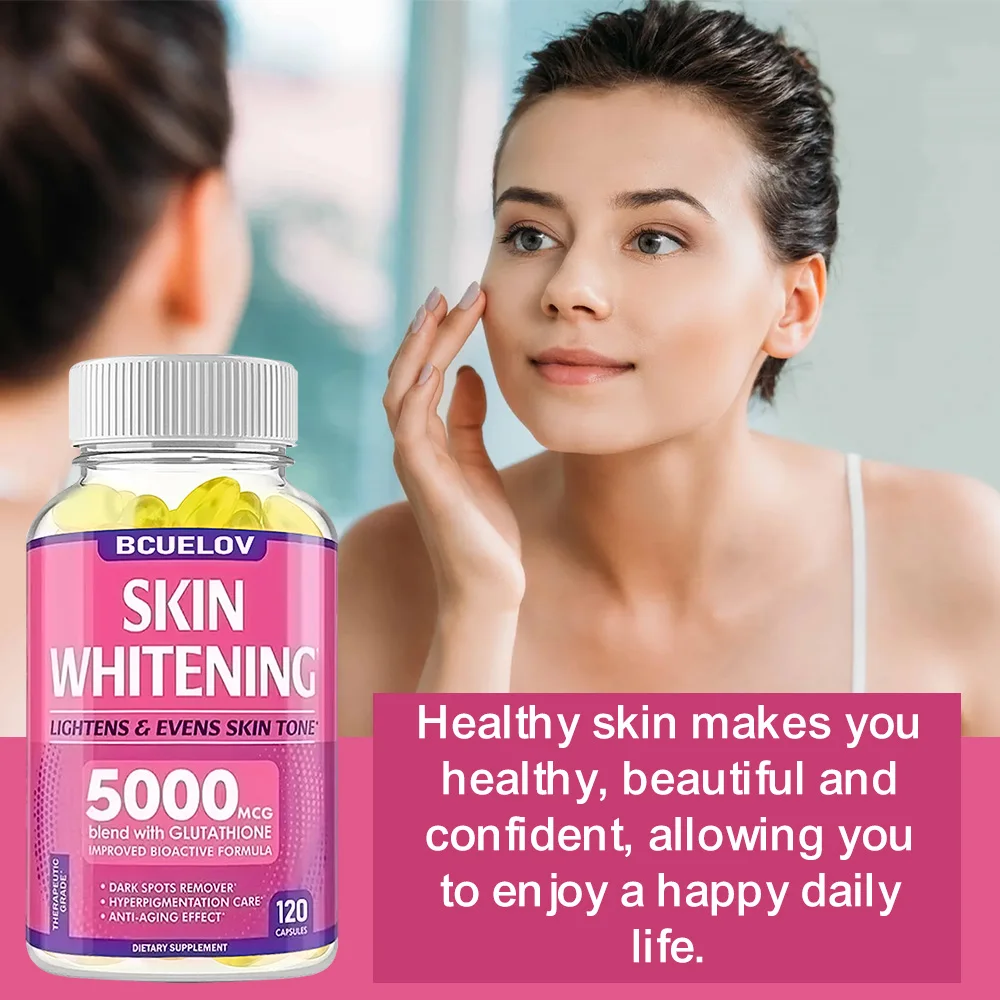 كبسولات تبييض الجلوتاثيون - 5000 ميكسل، مكمل L-الجلوتاثيون مع القرفة، مضاد للأكسدة، معزز لون البشرة، صحة البشرة