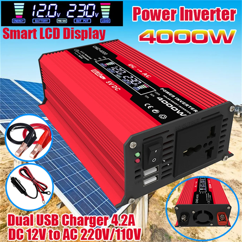 4000W Power Inverter 12V to 110V/220V, LCD Display, Car Adapter, Modified Sine Wave Converter, Voltage Transformer Charger