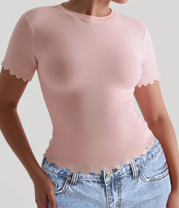 

Summer Round Neck Solid Color Tight Fitting Asymmetrical Edge Decorative Combination T-Shirt Top for Women's Fashion T-Shirt Top
