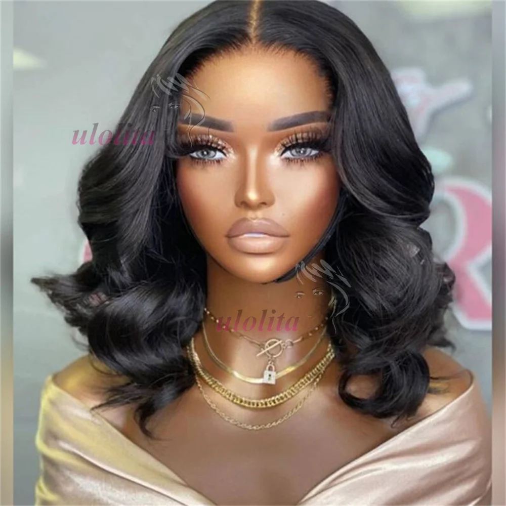 

Body Wave Natural Black Bob Peruvian Human Hair Side Part Lace Front Middle Part Wig Pre Plucked Wig For Black Women 180 Density