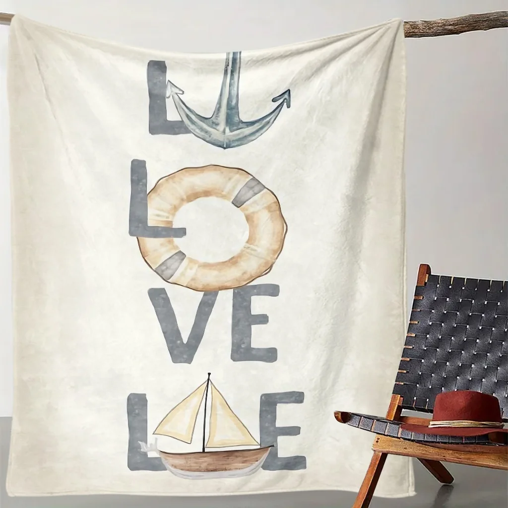 Waterproof Nautical Throw Blanket Ocean Coastal Boho Decor Anchor Sailboat Pattern Cozy Beach Home Decor Living Room Accent Wrap