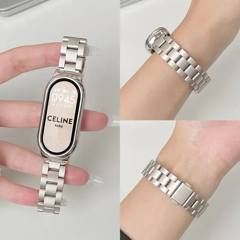 Three-bead Stainless Steel Strap for Xiaomi Mi Band 10 Wristband Metal Strap for Xiaomi Mi Band 8/9 Stainless Steel