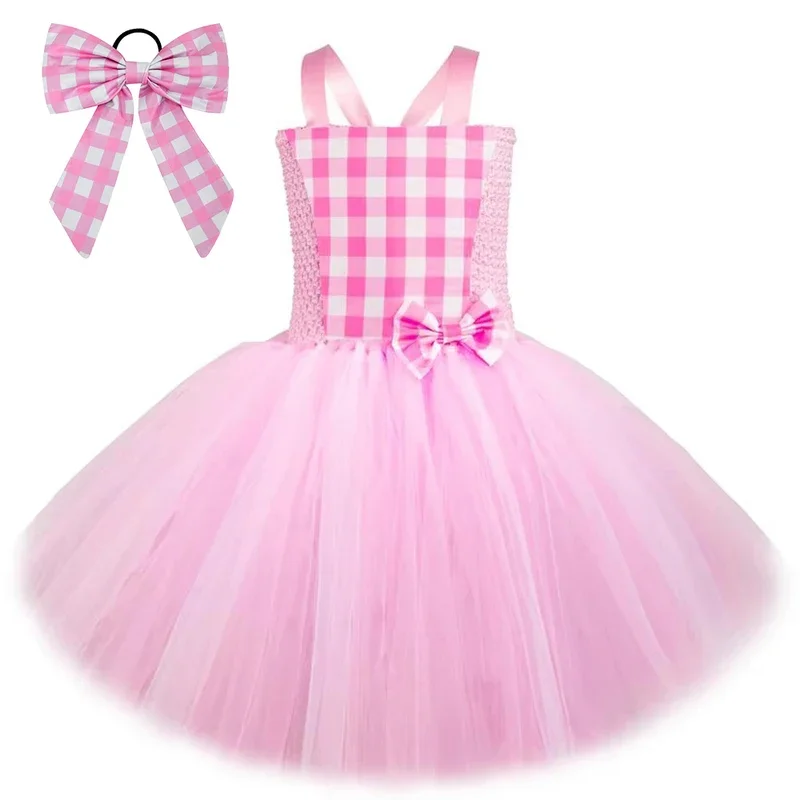 Vestido tutus de balé barbi xadrez rosa para meninas, aniversário, ano novo, trajes de princesa, crianças, natal, dia das bruxas, roupa com laço @ 0z *
