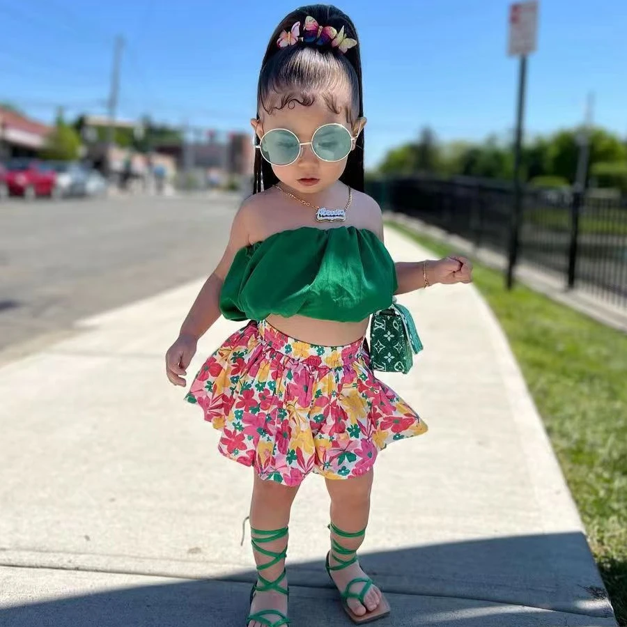 New 2024 Summer Girls Clothes Sets Kids Sleeveless Corset+Flower Print A-line Skirt Streetwear Children Clothing For 2-7 Years