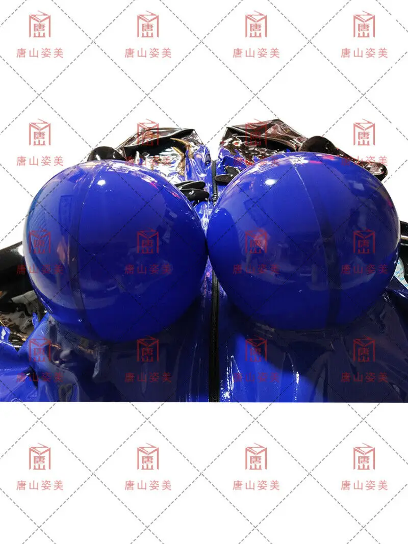 Latex catsuit with inflatable Breast dark blue&black gloves socks front zip