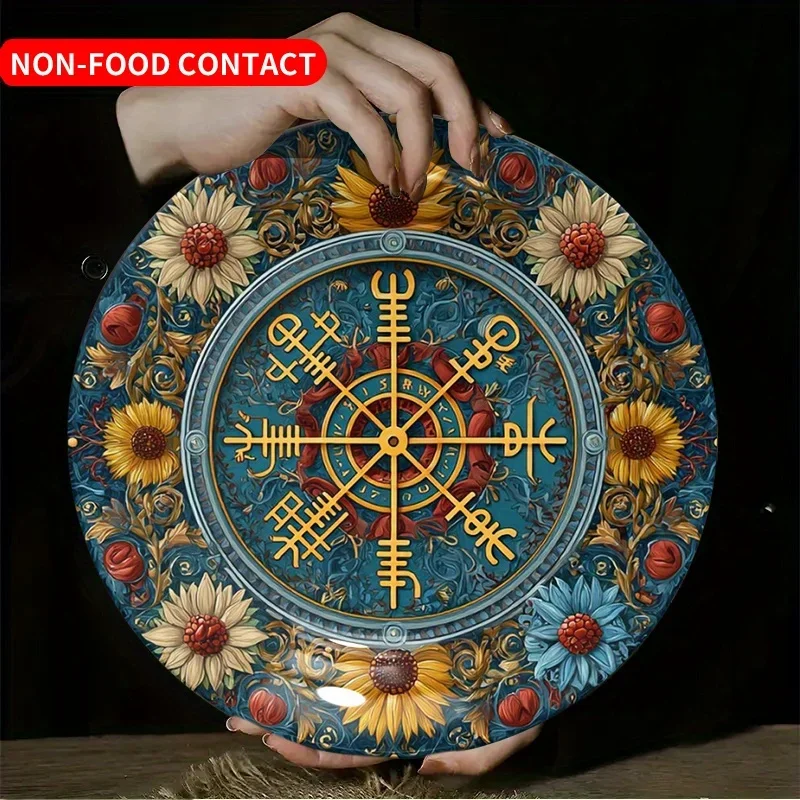 1pc Vintage Floral Celtic Knot and Sunflower Ceramic Art Plate - Blue and Golden Round Decorative Tray, Suitable for Home