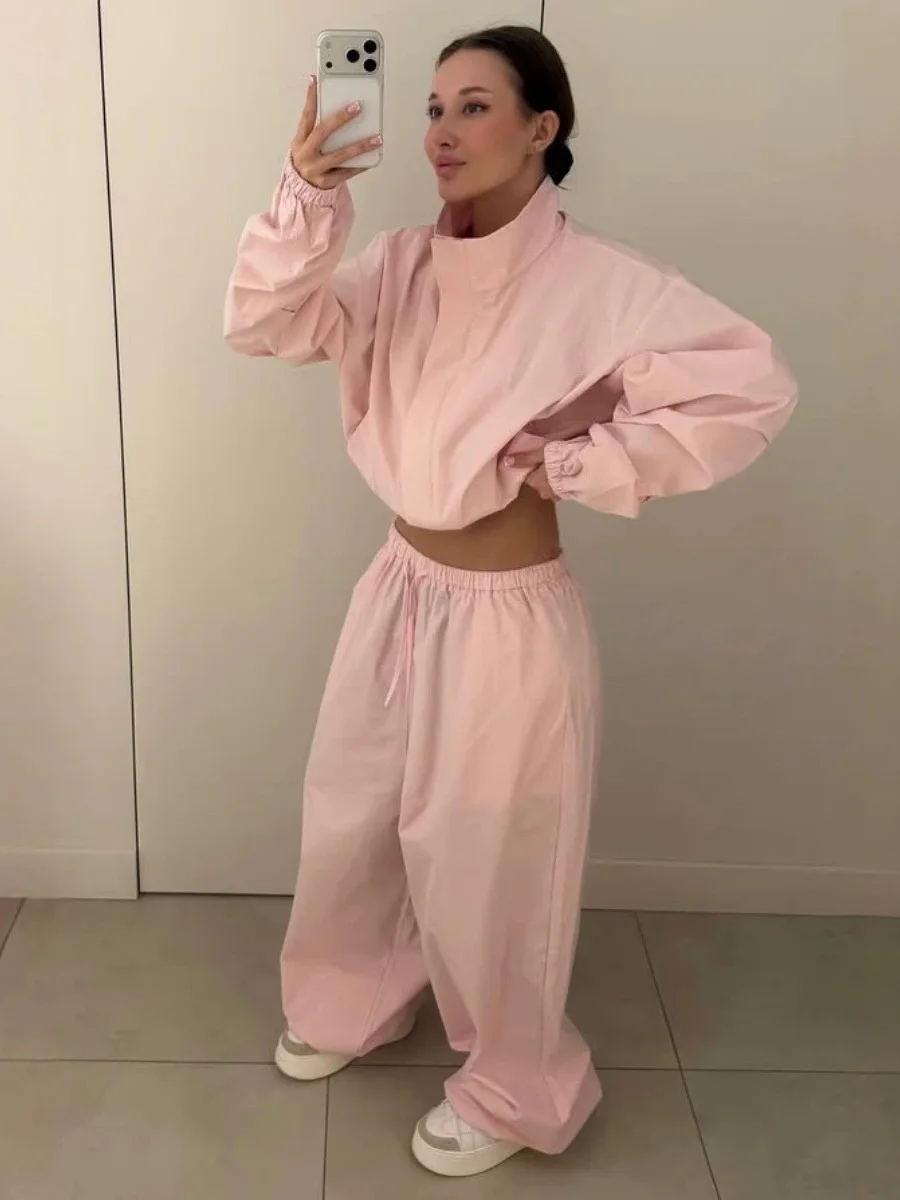 2026 New Women's Casual Sportswear Set Loose Stand Collar Short Zipper Open Cardigan Wide Leg Pants Summer Fashion Europe Style