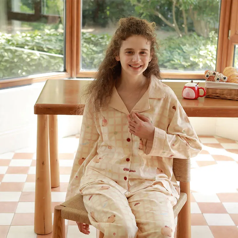 

Korean Style Cute Plaid Long Sleeve Pajama Set Women Kawaii Cartoon Animal Print Sleepwear 2 Piece Girly Loungewear with Pockets