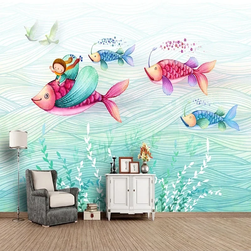 Custom 3D Modern Cartoon Fish Fantasy Fashion Restaurant Children's Room Wall Cloth Background Home Décor Papel De Parede Tapety