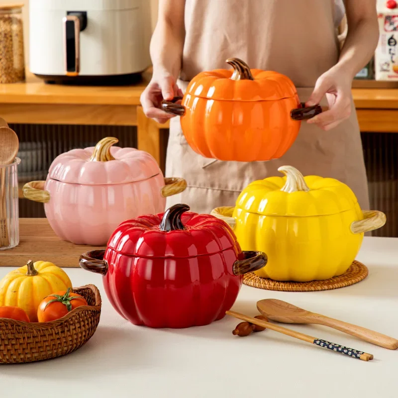 Pumpkin Soup Pot Halloween Ceramic with Lid Can Not Cook Creative Double-ear Bowl Noodle Fruit Home Soup Large Capacity Bowl