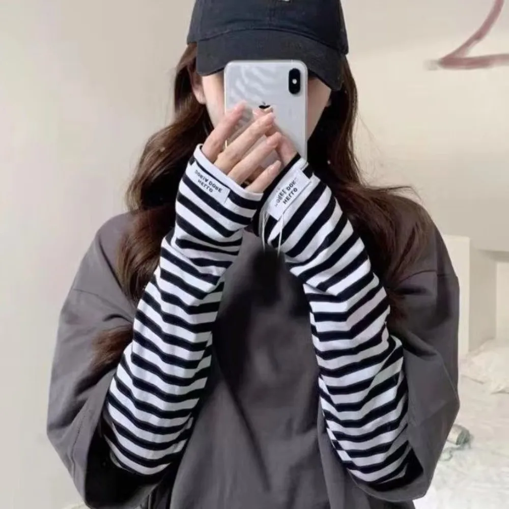 Y2k Color Strip Ice Arm Sleeve Long Loose Sunblock Sleeve Harajuku Stripe Anti-sunburn UV Protection Arm Gloves Women Girls