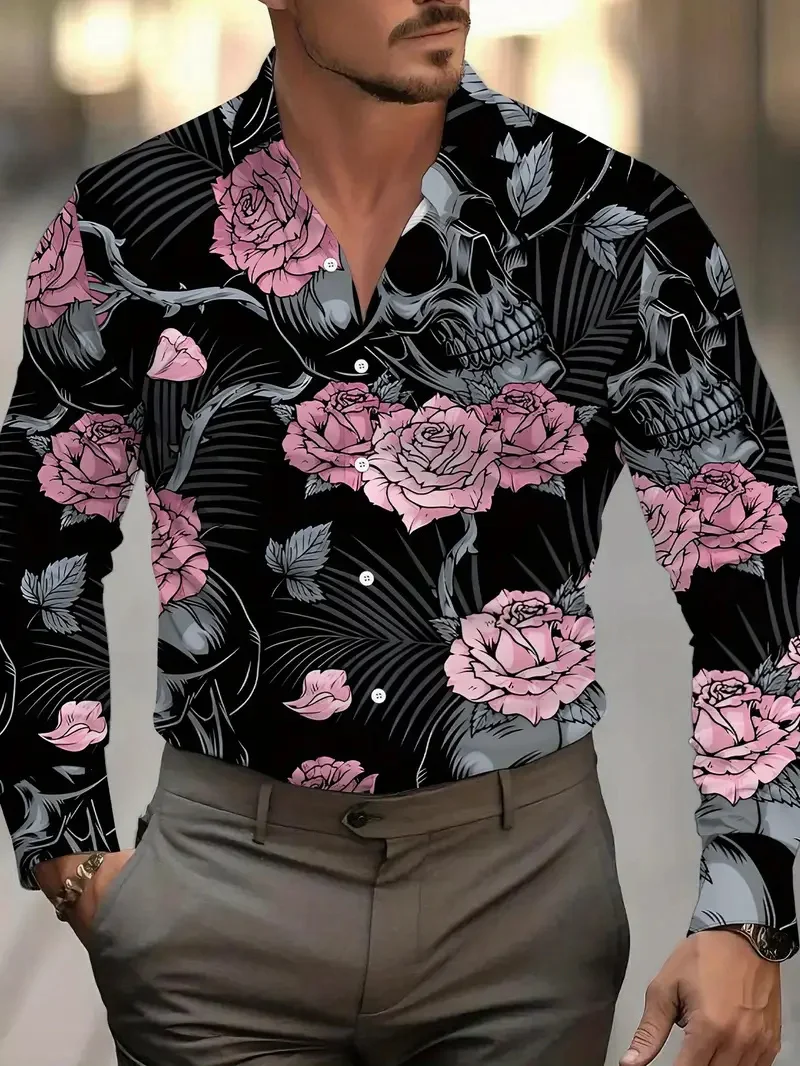 Summer Shirt Hawaiian Men's Chain Xmas Shirt Beach Holiday Long Sleeve Plant Business Casual Casual Men's Shirt Fashion Top