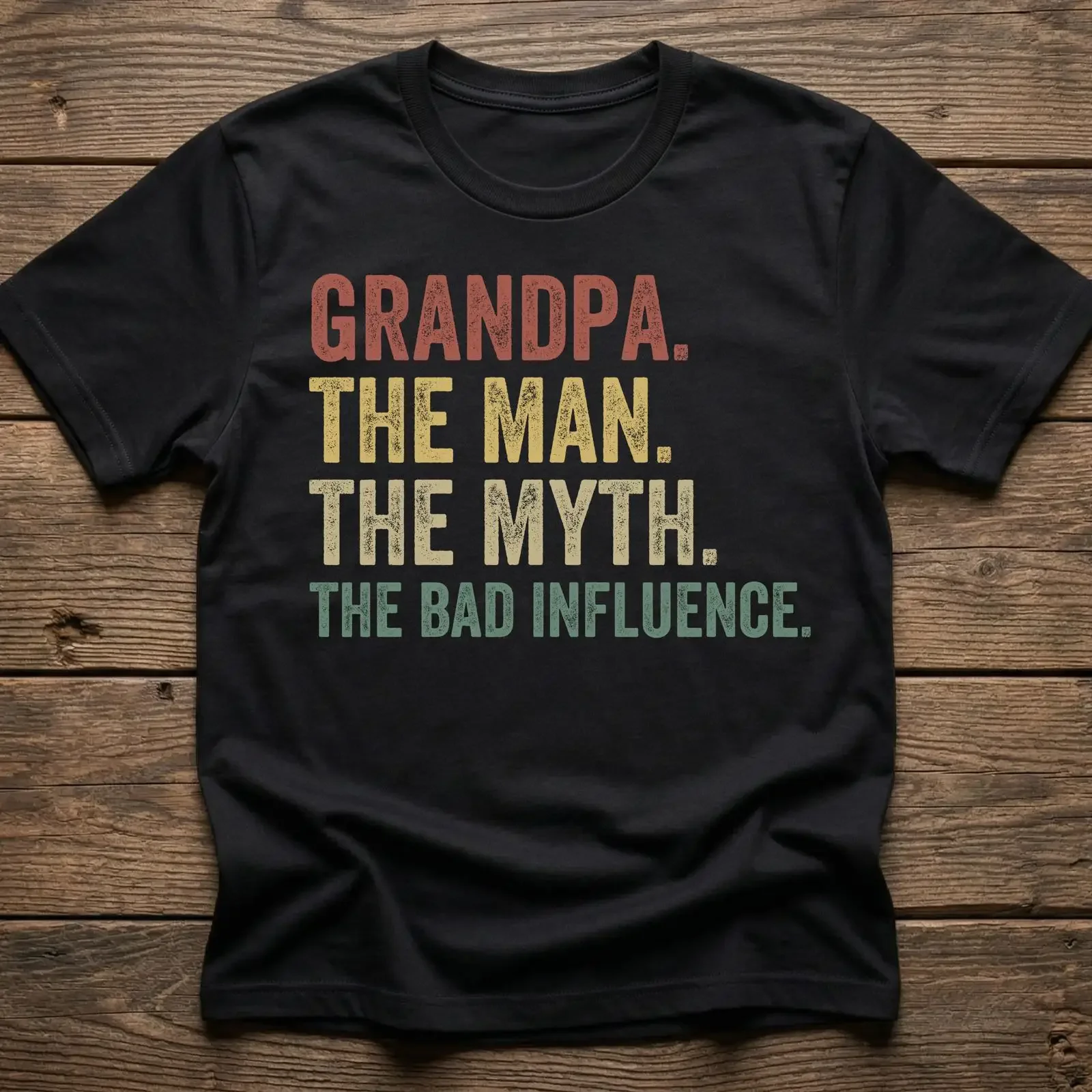 Vintage Grandpa The Man Myth Bad Influence Letter Print T Shirt Men's Casual Soft Black  Father's Day  vintage Washed Stylish