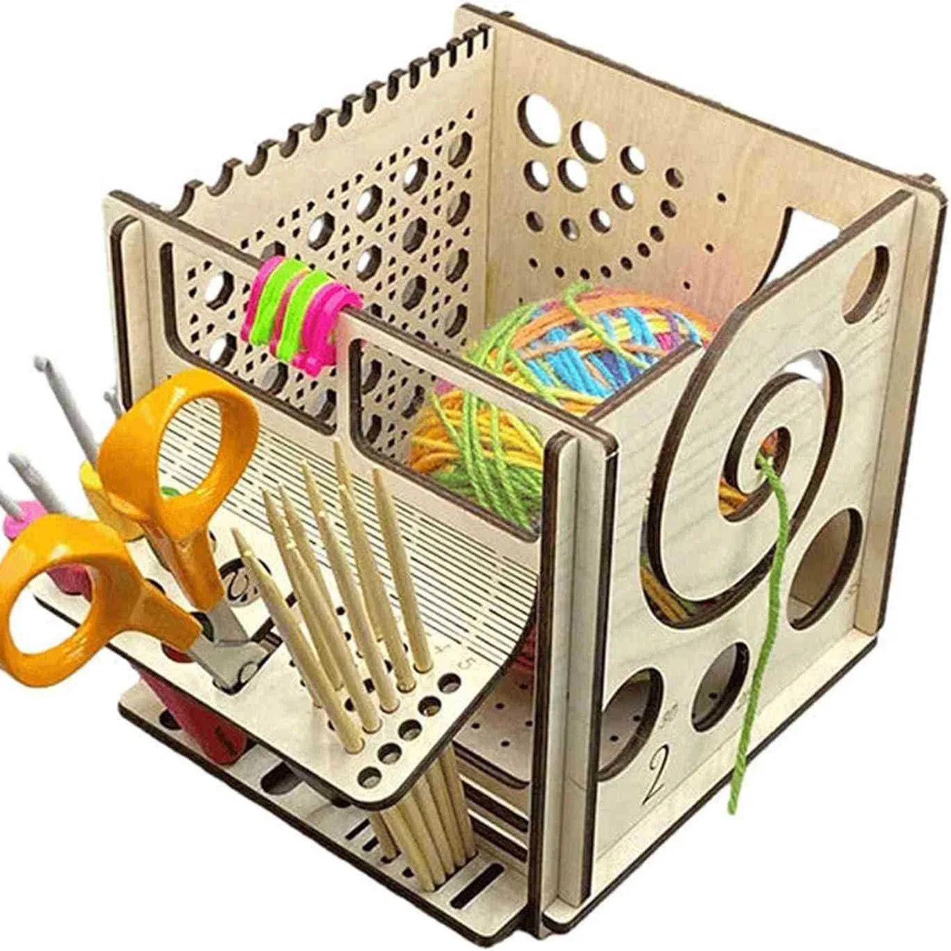 2025 Newest Kitchens Organizer Wooden Yarn Bowl All in One Hollow out Knitting Tool Crocheting Yarn Storage