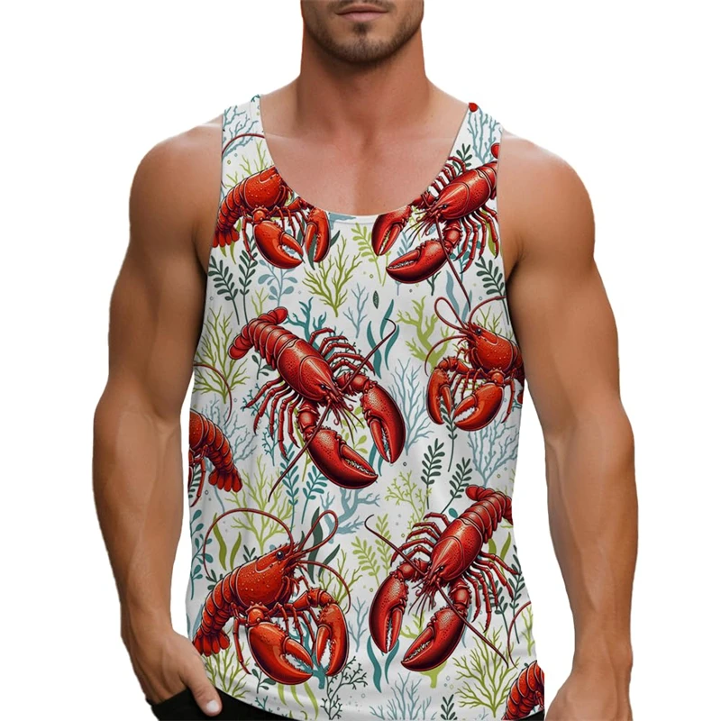 

2025 Men's Tank Top Big Lobster Printed Hawaiian Men's Casual Vest Comfortable Men's Sleeveless T Shirt Funny Undershirt Unisex