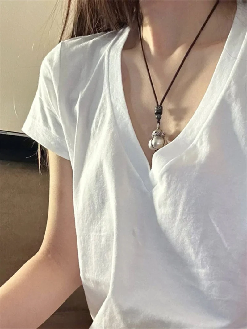 

Korean Style Pure Desire Design Loose Cotton Short Sleeve V-Neck T-Shirt Women's Summer New Fashion Base Layer Top