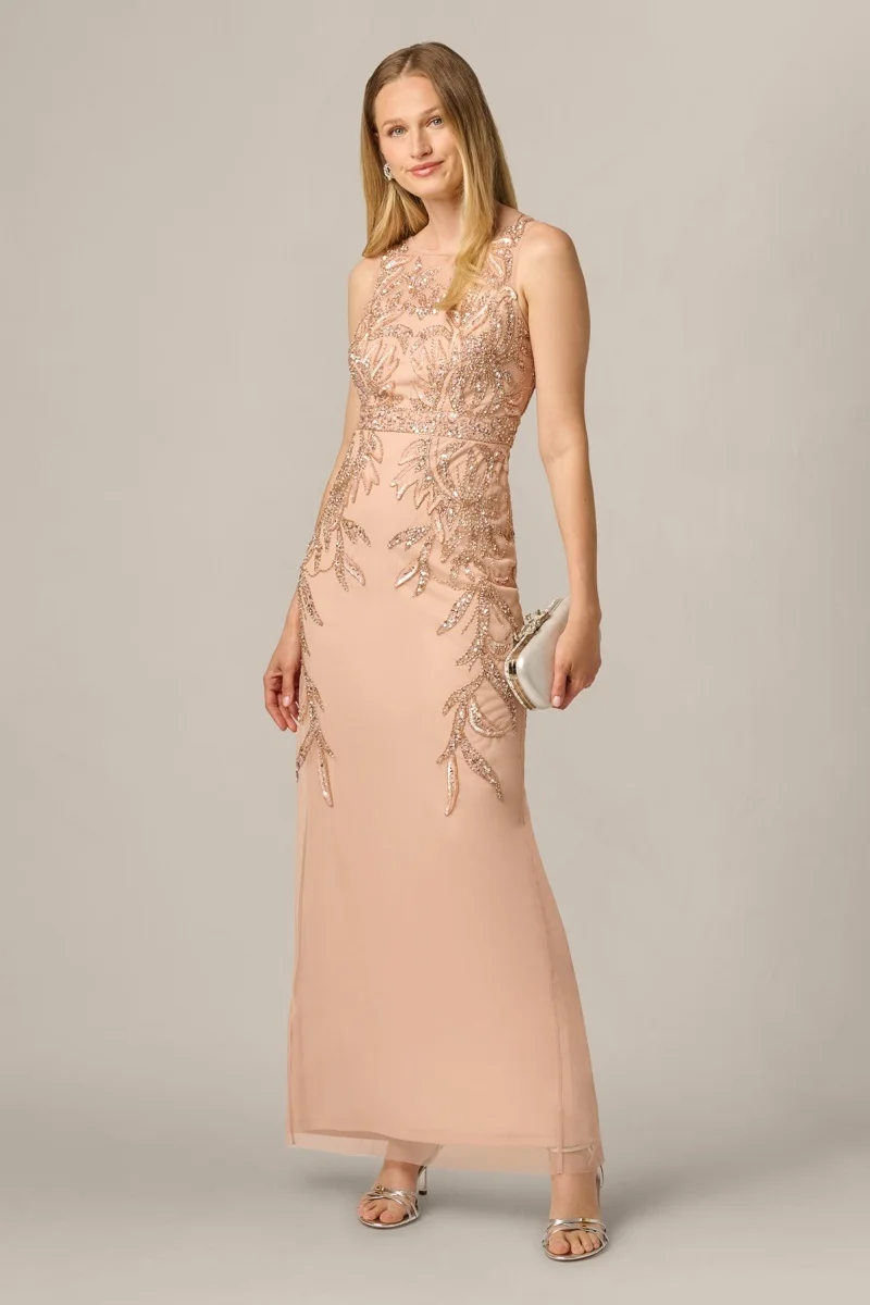 Champagnerrosa Ärmelloses Kleid mit Transparentem Ausschnitt und Aufwendiger Perlen-Blumen-Stickerei Bodenlange Meerjungfrauensilhouette Maßanfertigung