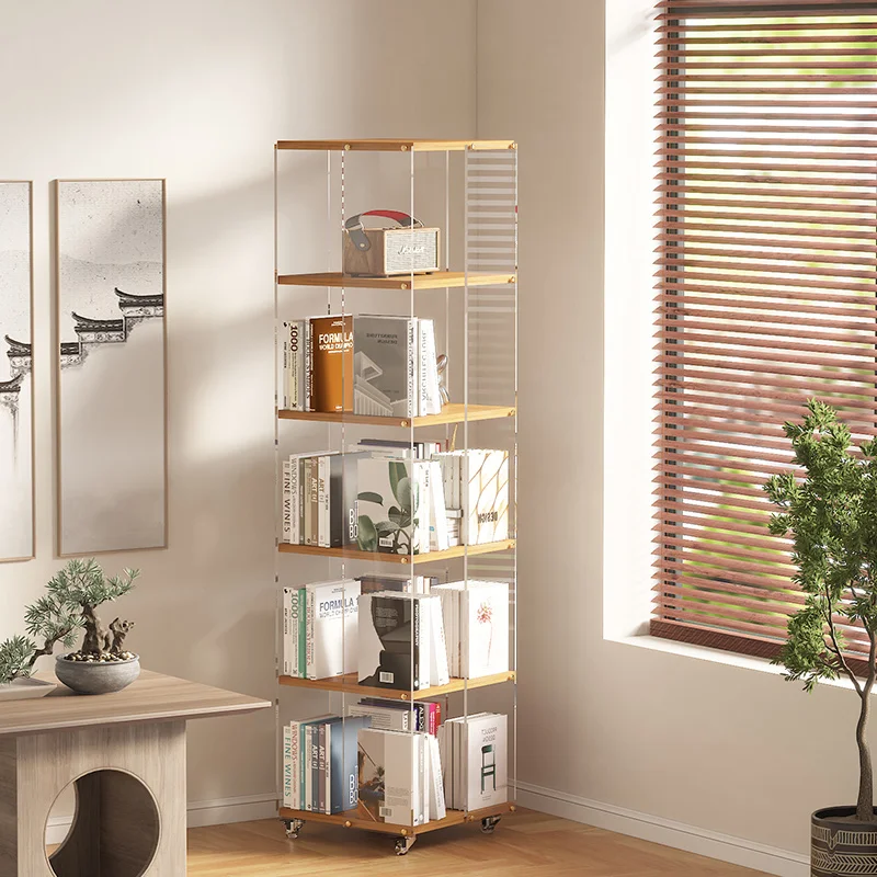 Acrylic rotating bookshelf household floor mobile display cabinet simple household student multi-layer shelf