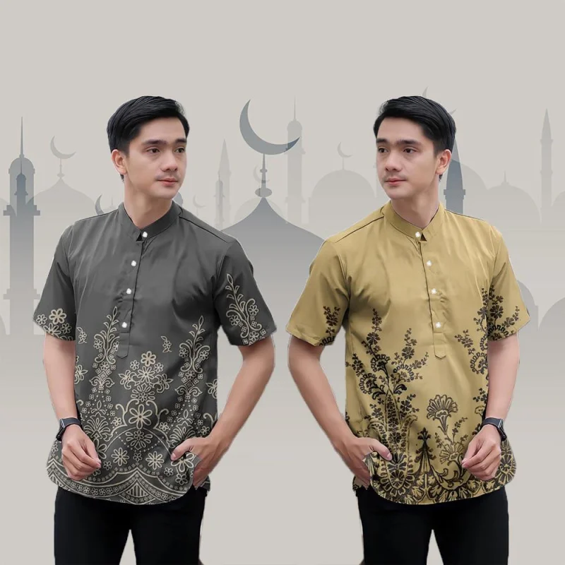 Batik Shirt Slim Fit 3D Printed Pattern Stand Collar Short Sleeve Men's Formal Shirt Top Shirt Suitable Ramadan Party Raya Theme