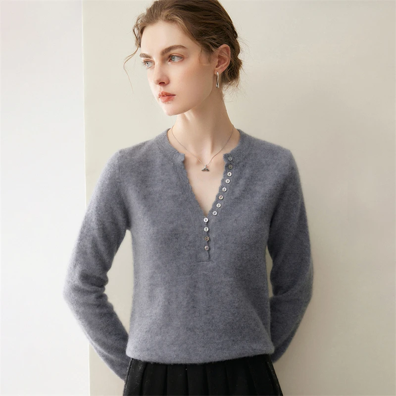 100% cashmere minimalist style scissor neck multi button pullover knitted sweater for women, loose and slimming sweater for comm