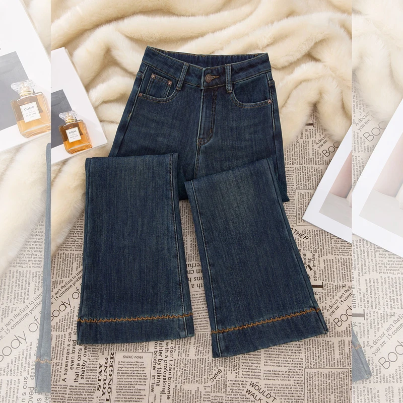 

Spring Autumn 2026 Women's Slim Fit Jeans High Waist Wide Leg Pocket Detail Medium Stretch Comfortable Blue Denim Pants