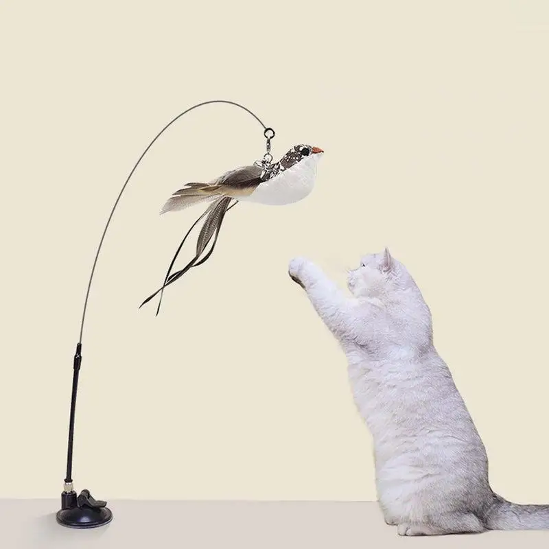Long Cat Feather Wand Suction Cup Base Interactive Cat Feather Toys Funny Cat Toys For Indoor Cats Cat Teaser Cat String Toy