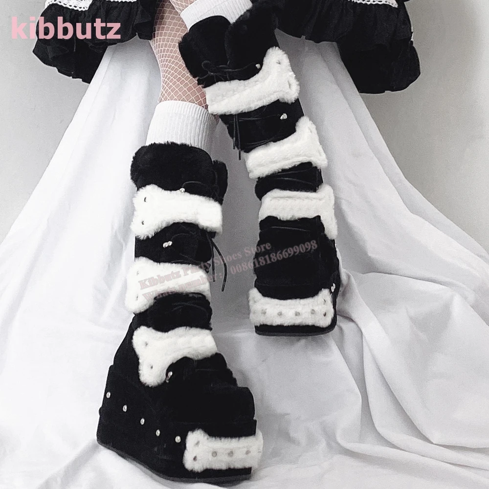 Furry Rivet Thick Bottom Boots Knee High Platform Square Toe Mixed Color Slip-On Fashion Elegant Concise Sexy Warm Winter Shoes