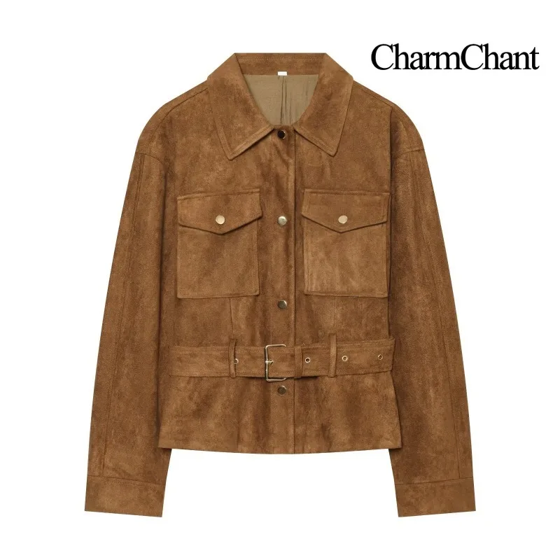 CHARMCHANT Women's Jacket Suede Lapel Collar Snap Button Belted Waist Flap Pocket Loose Mid-Length Shirt Coat Fall 2026