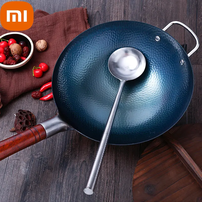 

Xiaomi Hammered Cast Iron Wok,Carbon Steel Round Bottom Wok ,Blue Kitchen Cookware,Beech Handle Uncoated Non-stick Pan