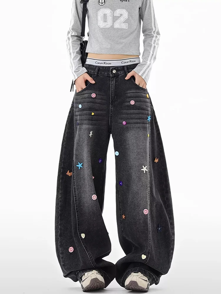 

Женские черные мешковатые джинсы-карго Y2K на пуговицах в американском стиле High Street Harajuku, эстетические винтажные джинсы, брюки, одежда 2025