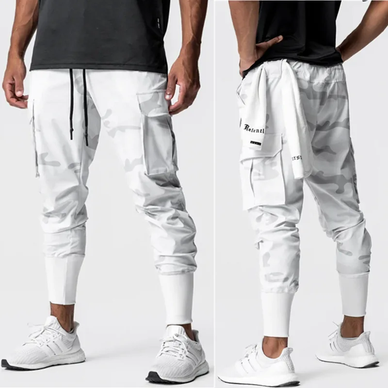 Spring and Summer New Workout Exercise Pants Men's Casual Loose Thin Camouflage Cargo Pants Ankle Banded Stretch Knitted