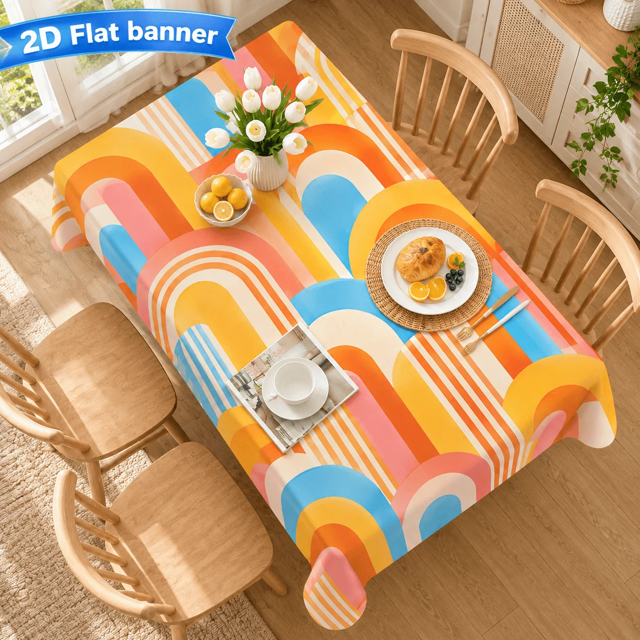 1pc Rainbow Arch Geometric Print Rectangular Tablecloth Suitable for Birthday Parties, Summer Gatherings, Picnics