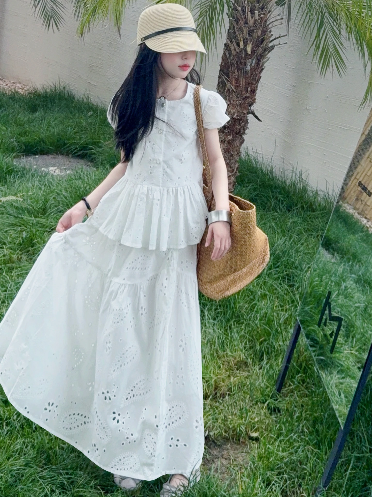 girls-summer-gentle-wind-hollow-out-two-piece-set-french-style-short-sleeve-skirt-outfit-breathable-cool-sensation-machine-wa