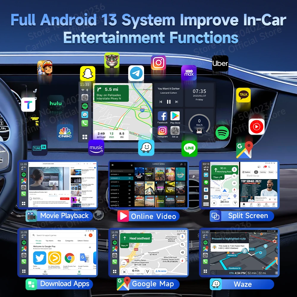 CarlinKit UHD CarPlay Ai Box Android 13 HDMI Streaming TV Box SM6225 8 Cores for Netflix Youtube Online Video HD Output Wired to Wireless CarPlay Android Auto Smart Car Play Box All in One for OEM Car 4G LTE Built-in GPS Dual BT WiFi 8G+128G OTA Update