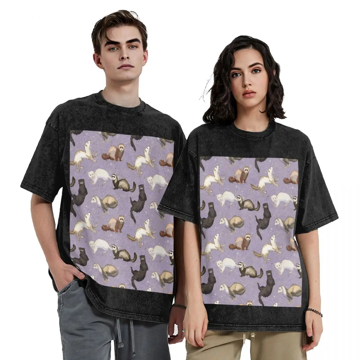 Playful Ferrets Hip Hop Short Sleeve T-Shirts Washed Tops Tees Streetwear T Shirt Casual for Men woman