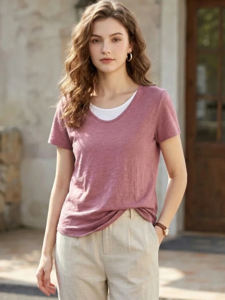 Täuschend Echtes Zweiteiliges Casual Vielseitiges Basic-Oberteil 2026 Sommer Neuheit Damen Slub-Baumwolle Kurzarm T-Shirt Einfaches Farbblock-T-Shirt