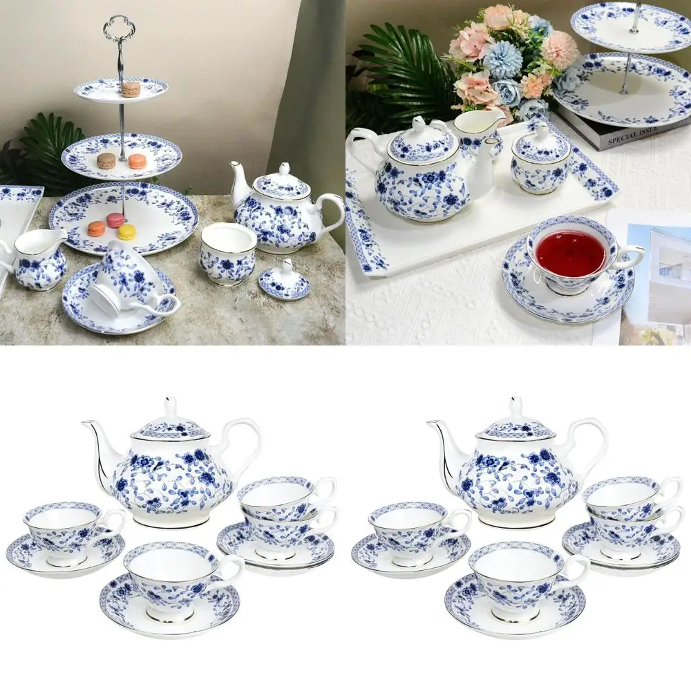 

Blue and White Porcelain 13-Piece Tea Set for Adults, Vintage Floral Design with Teapot and Teaspoons, Ideal for Tea Parties and