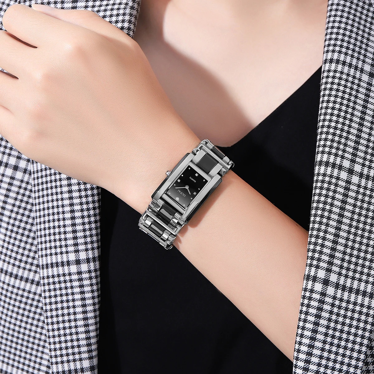 Прямоугольные часы Oupai, женский браслет, черные кварцевые модные и простые наручные часы, изысканное платье, водонепроницаемые