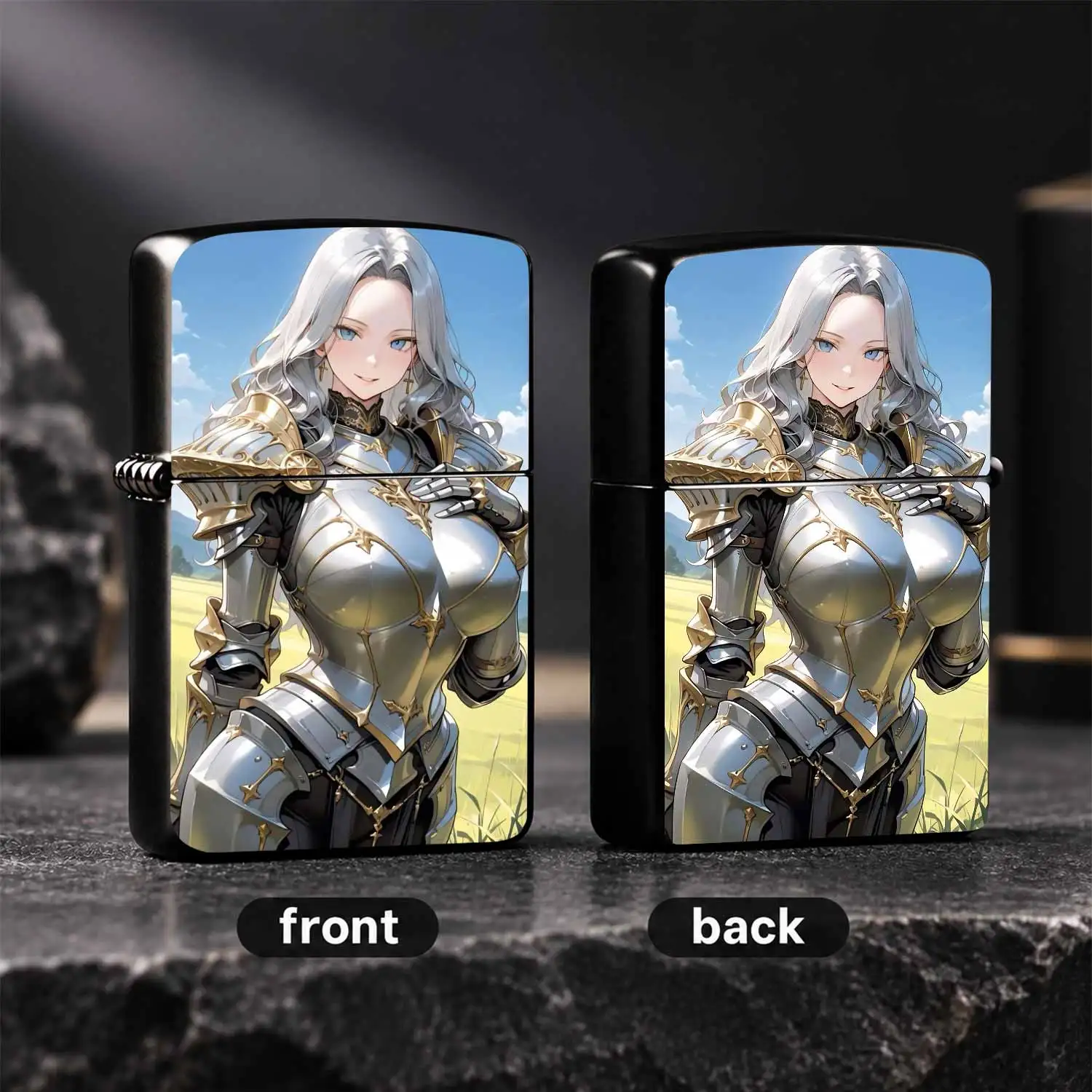 Anime Silver Knight Maiden Themed Pocket Lighter, Scenic Sunny Meadow Print Art Piece, Portable Daily Use Ignition Tool, Exquisite Fantasy Character Pattern Decor, Ideal For Gifting All Scenarios, Smooth Use Experience For Everyday Casual O