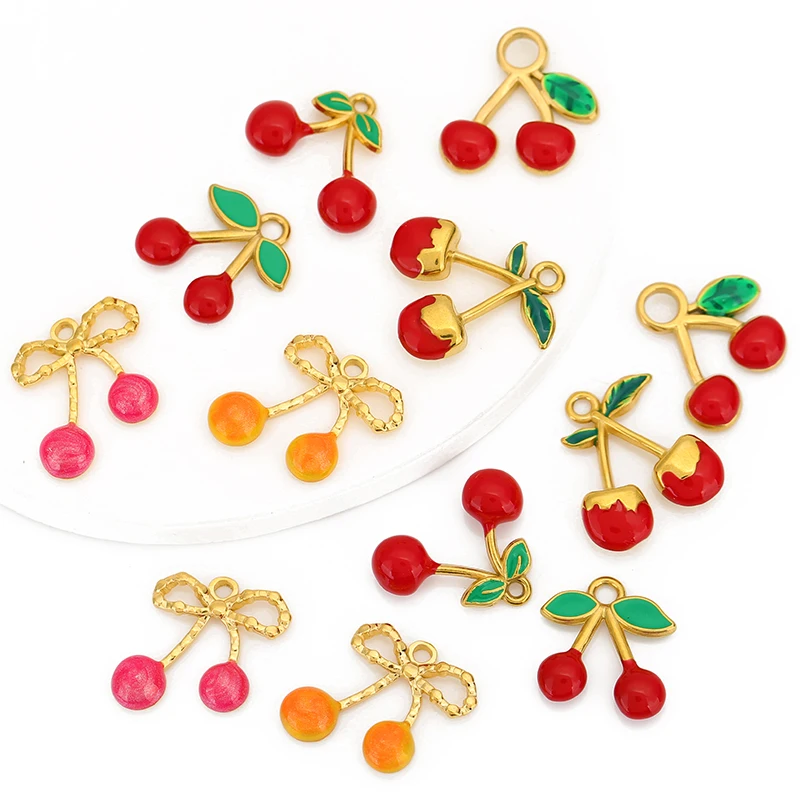 

3pcs/lot Stainless Steel Cherry Charm Enamel Gold-plated Pendants for DIY Necklace Earring Jewelry Making Accessories Finding