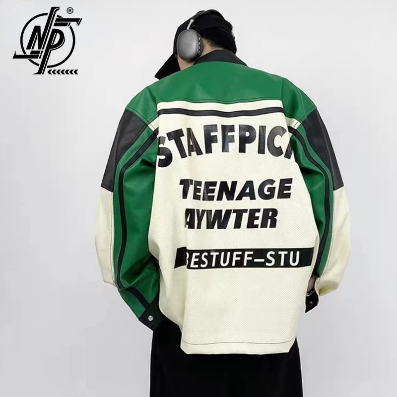 

PU Leather Jacket Men Green Oversize Patchwork Letter Print Racing Women Bomber Coat Fashion Motorcycle Jackets Outfits Vintage