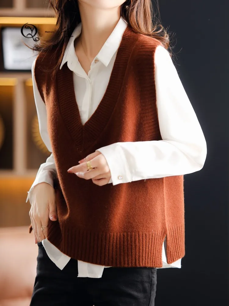 Chaleco de lana pura Thi, prendas de vestir exteriores, suéter suelto tejido con escote en V para mujer, camiseta sin mangas con capas para primavera y otoño, longitud Regular para ir al trabajo