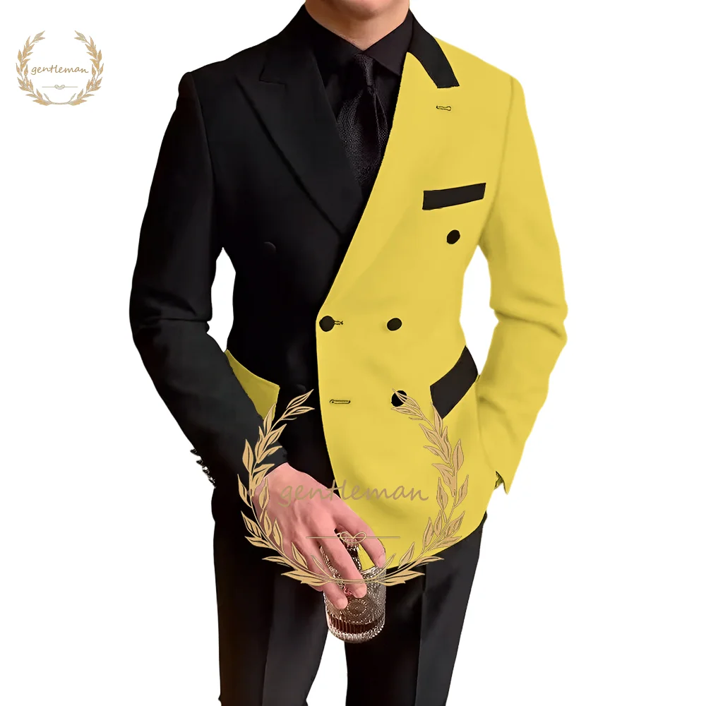 Traje de bloque de color para hombre, traje de 2 piezas con solapa de pico delgado, doble botonadura, esmoquin Formal para novio y boda, chaqueta y