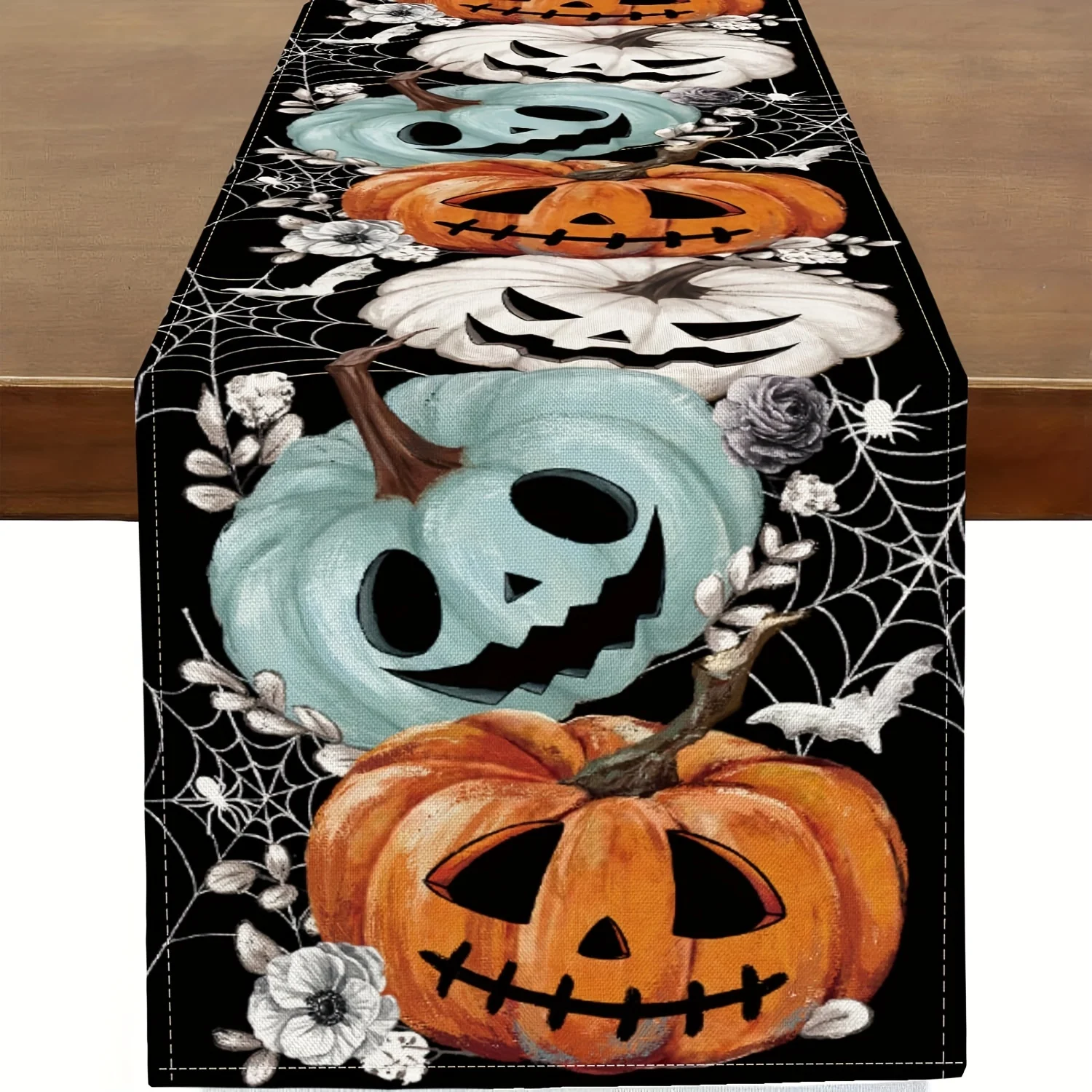 1 Halloween Themed Table Runner, Decorative Pumpkin Head, Spider Web, Bat, Suitable for Parties, Restaurants, B&Bs, Market Scenes.