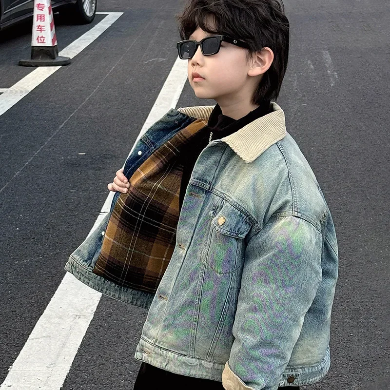 Children Clothing Fashion Casual Thickened Down Jacket 2024 Winter New Boys Handsome Personality Korean Style Warm Denim Jacket