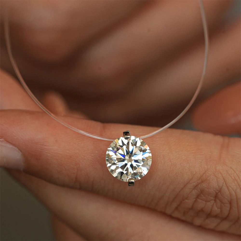 0.5-5CT Invisible Choker Moissanite Necklace For Women Round Pendant Lab Diamond 925 Sterling Silver Fish Line Clavicle Chain